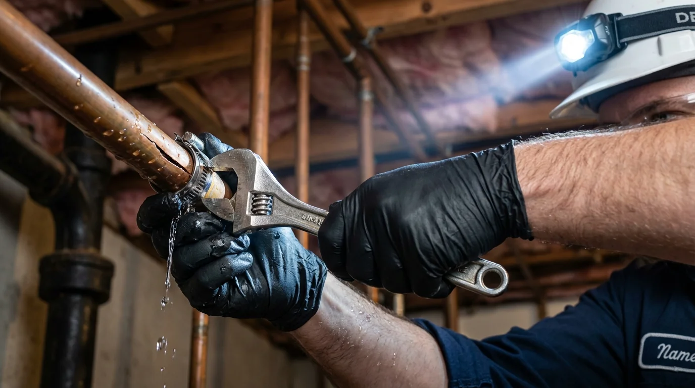 Emergency pipe clamp repair being performed by a Johns Plumbing LLC plumber in Vernal